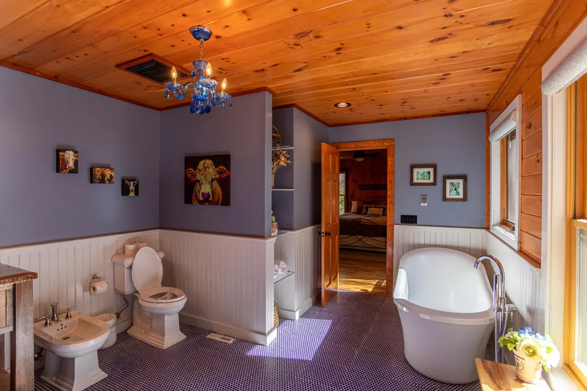 A spa-inspired bathroom with a freestanding claw-foot bathtub beneath a sparkling chandelier, complemented by a toilet and a bidet. Sunlight fills the space, and tasteful art adds a touch of elegance, evoking a luxurious, restorative atmosphere.
